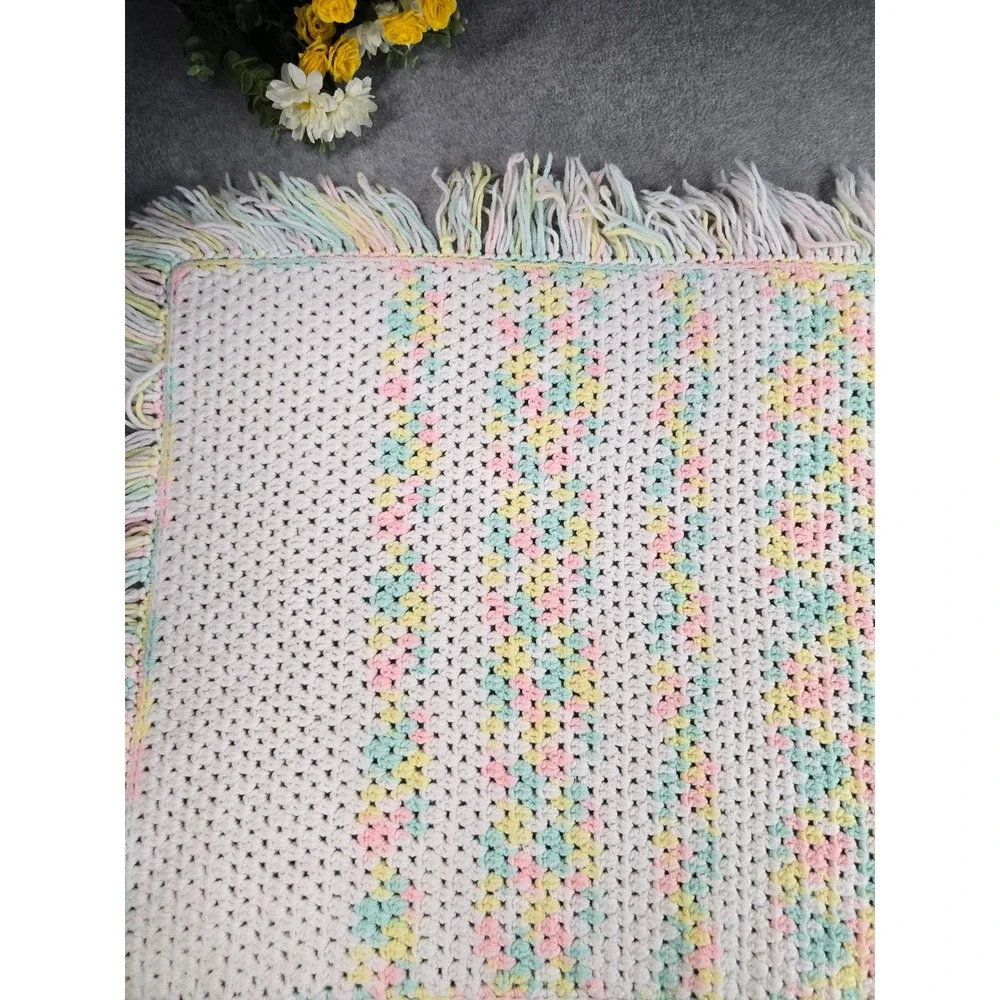 Vintage Handmade Crochet Pastel Rainbow Baby Blanket Fringe Tassel Trim 38x29
